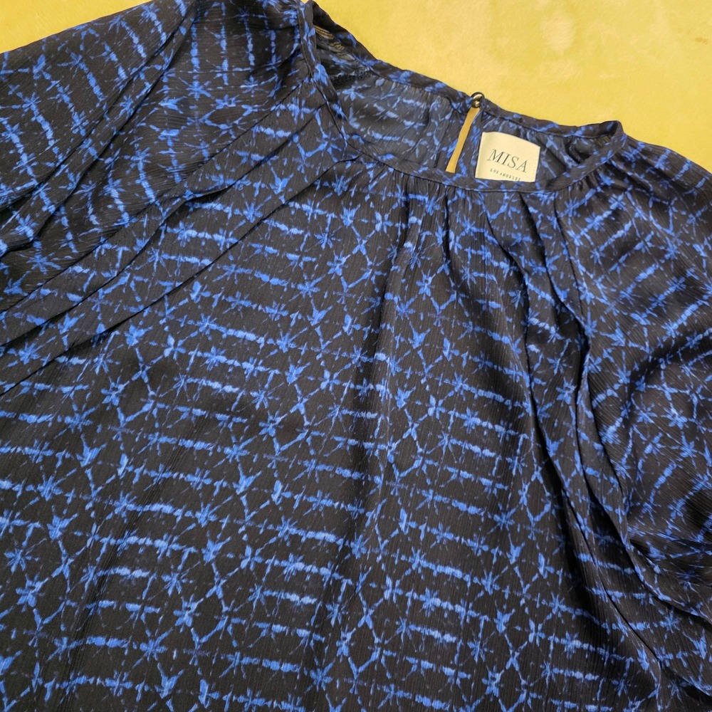 MISA Los Angeles Victoire Shibori Puff Sleeve Blouse Blue XS